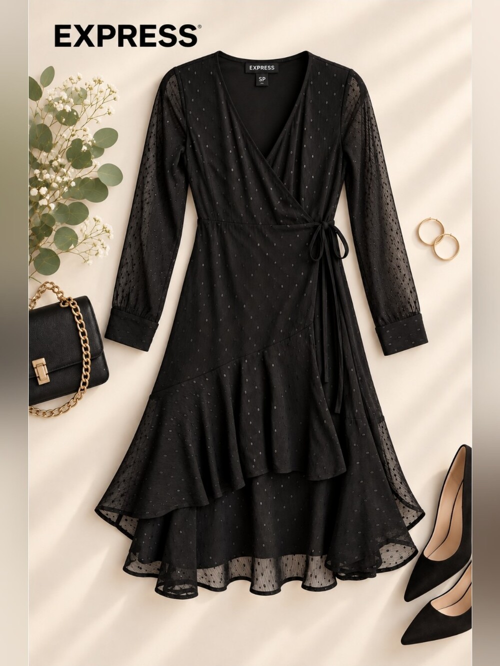 NWT EXPRESS Petite Black V-neck Tiered Wrap Dress, SP